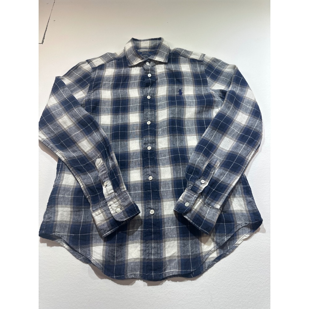 Polo Ralph Lauren Mens Blue White Plaid Linen  Classic Fit Shirt Size M